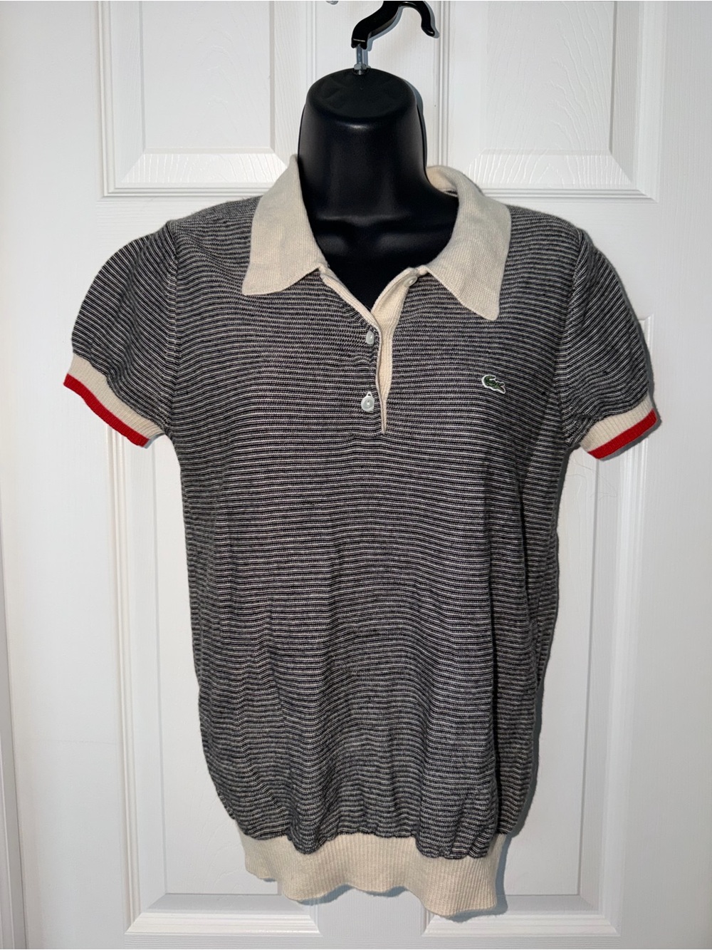 Lacoste Women’s Short Sleeve Wool Polo Black White Stripe Sweater